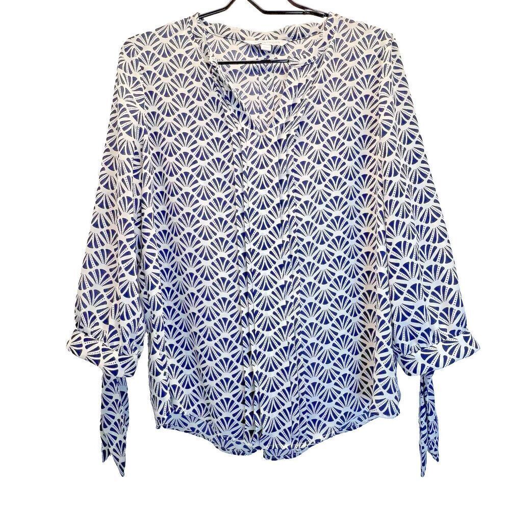 41 HAWTHORN Womens Sheer blue Tribal Print Embellished V Neck‎ Tunic Shirt M.